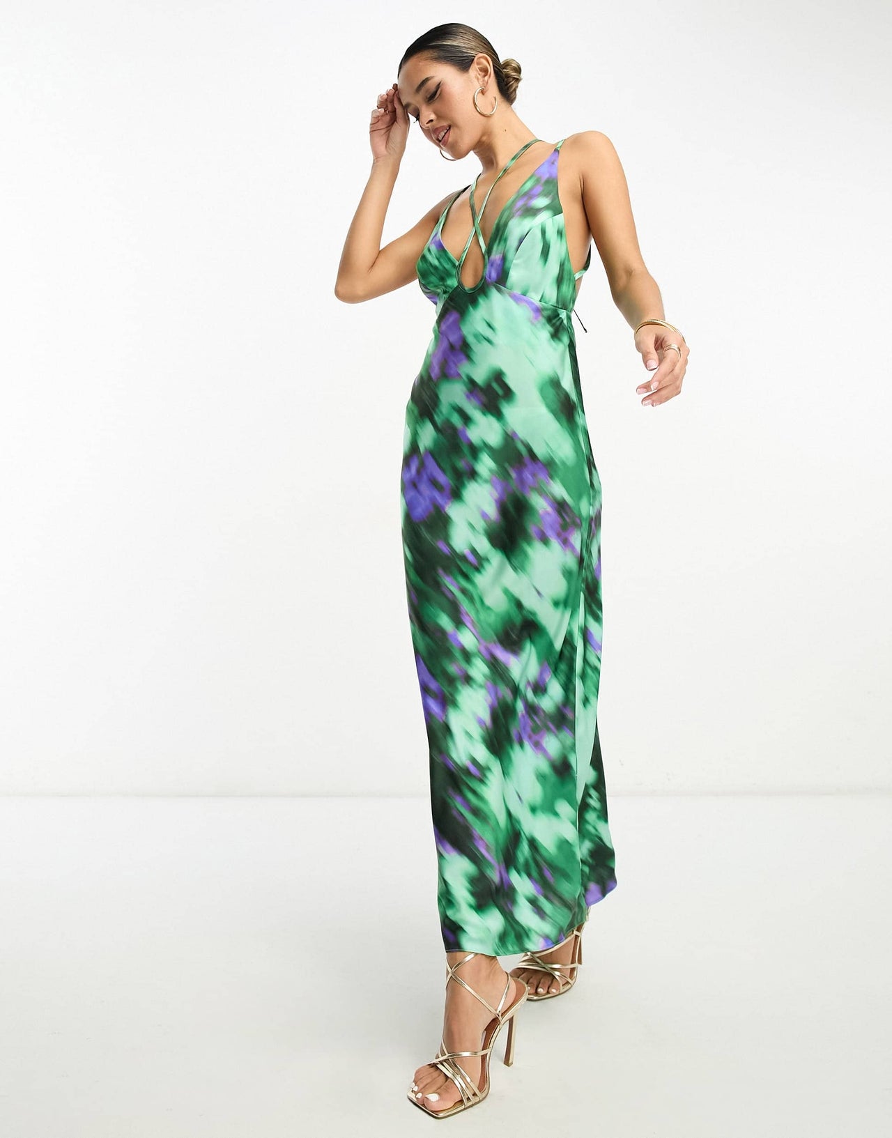 ASOS DESIGN halter cross strap maxi dress in blurred print