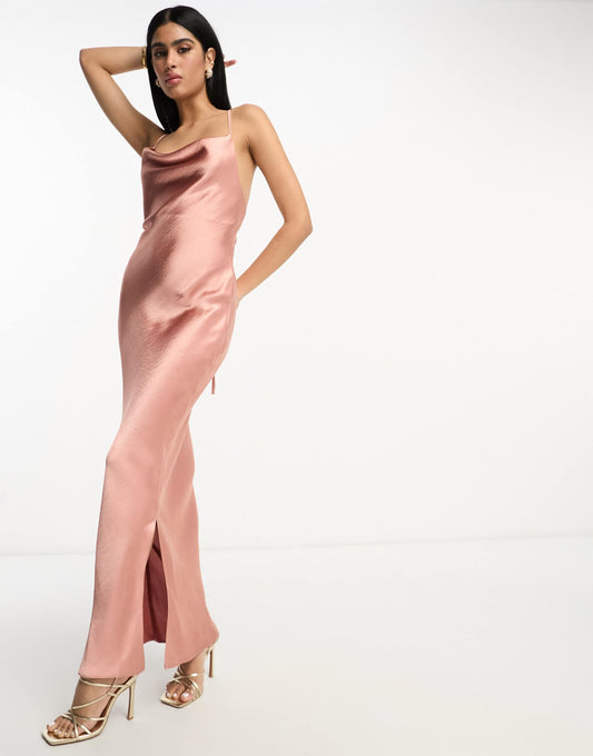 ASOS DESIGN Bridesmaid cami maxi slip dress in high shine satin with lace up back in mocha