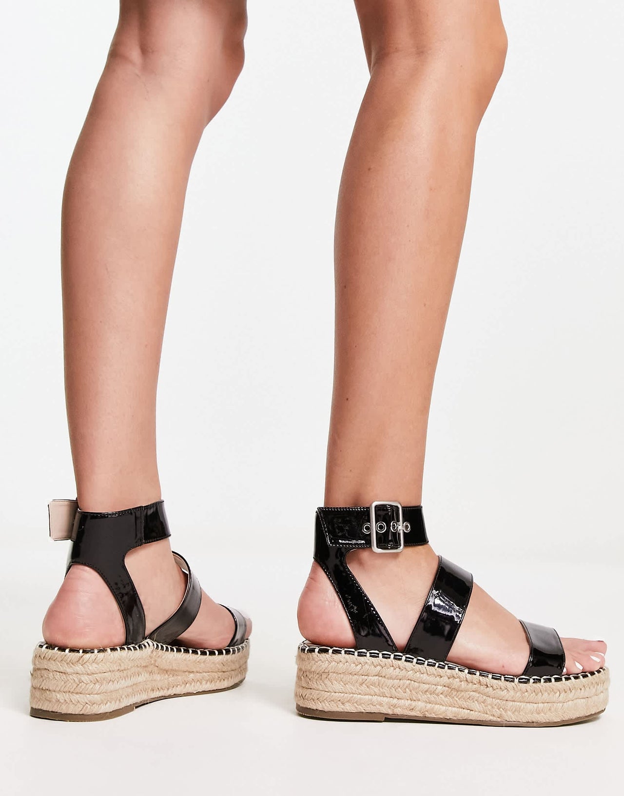 Bebo bellini three part espadrille flatforms in black patent