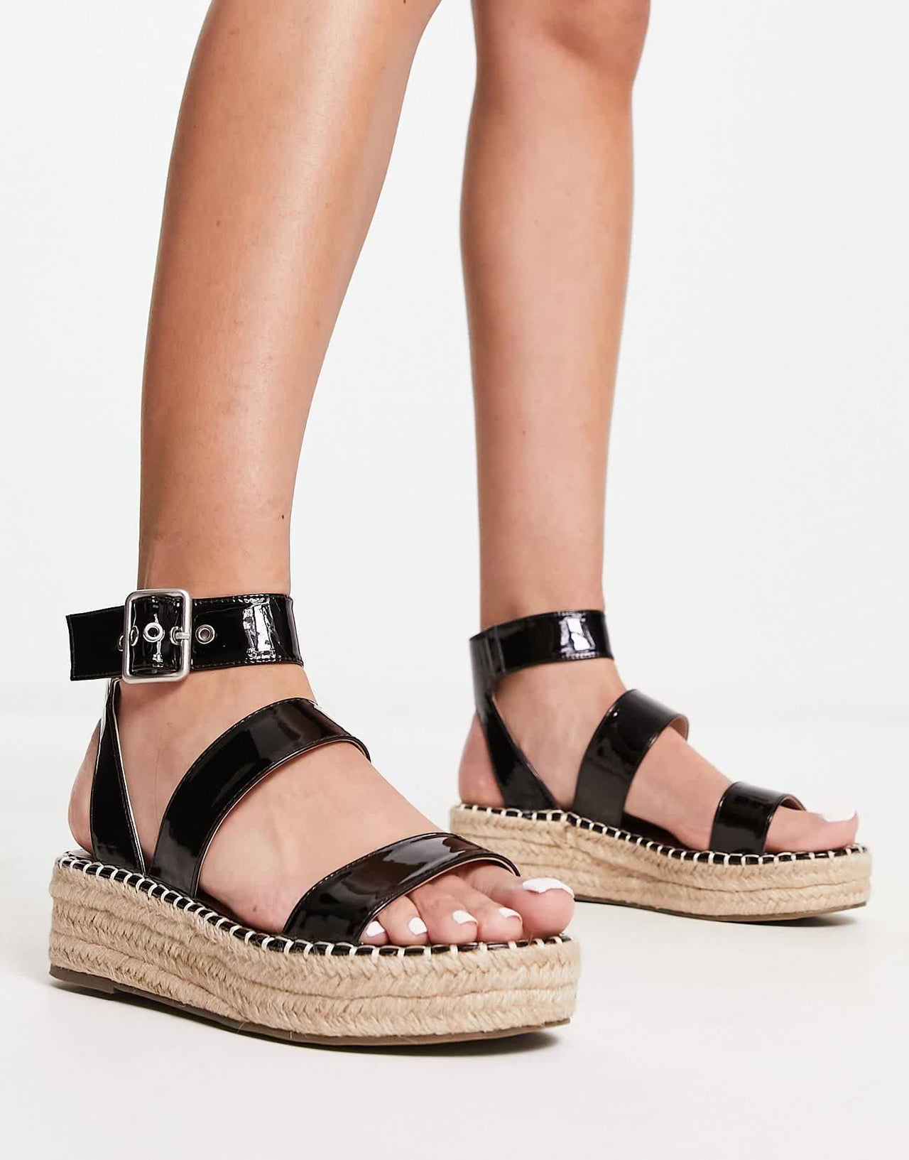 Bebo bellini three part espadrille flatforms in black patent