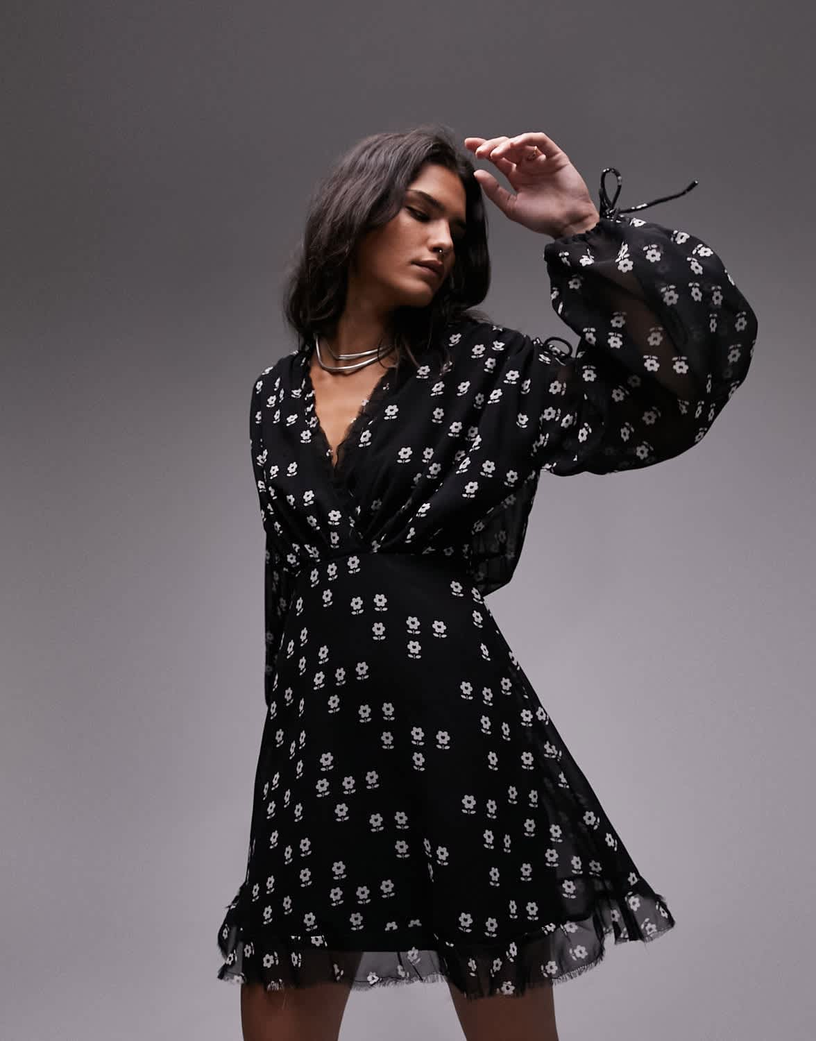 Topshop collar neck mini dress with raw seams in mono floral