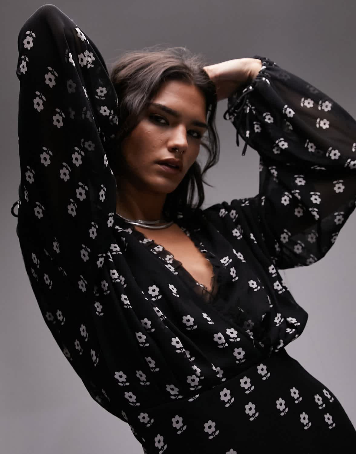 Topshop collar neck mini dress with raw seams in mono floral