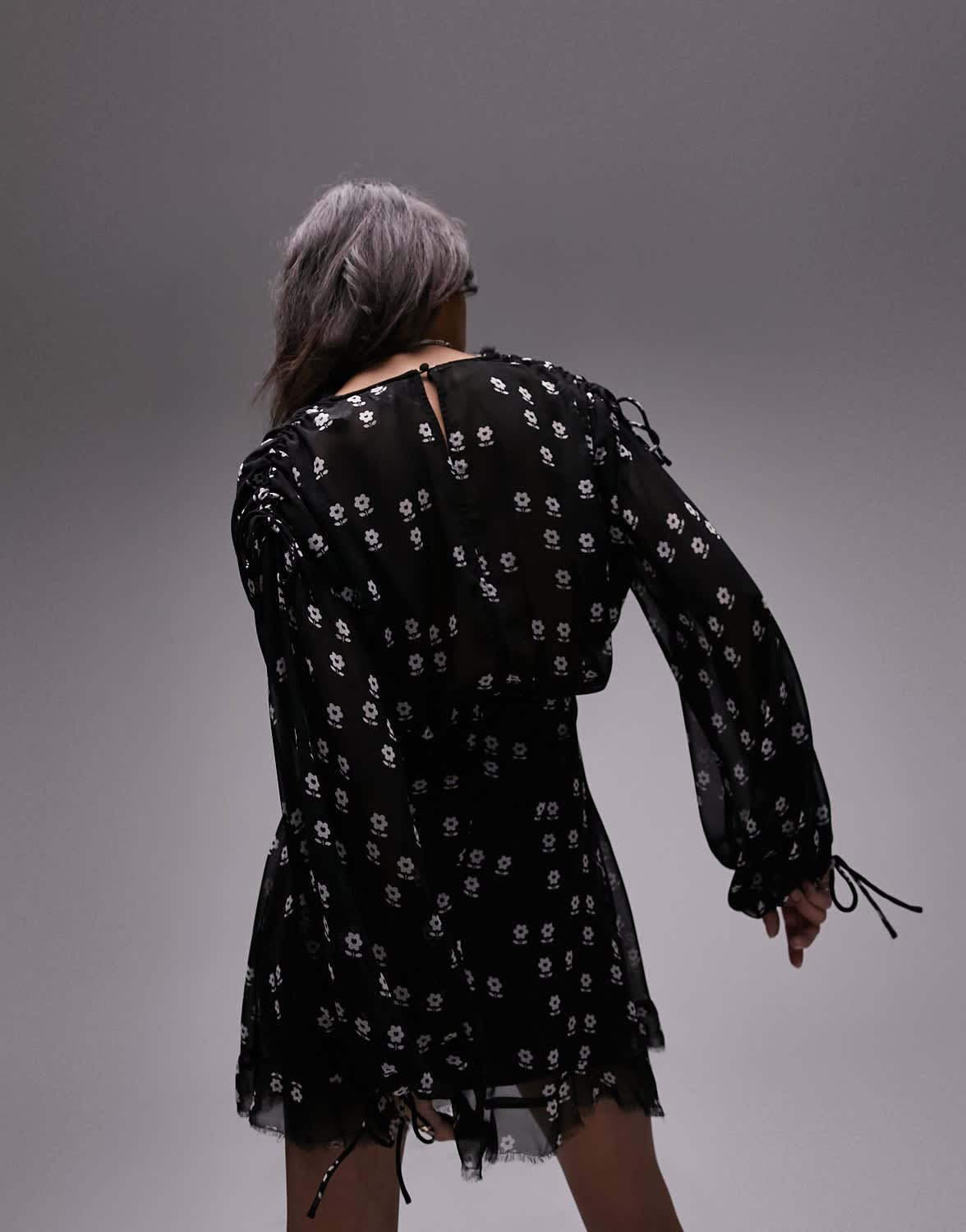 Topshop collar neck mini dress with raw seams in mono floral