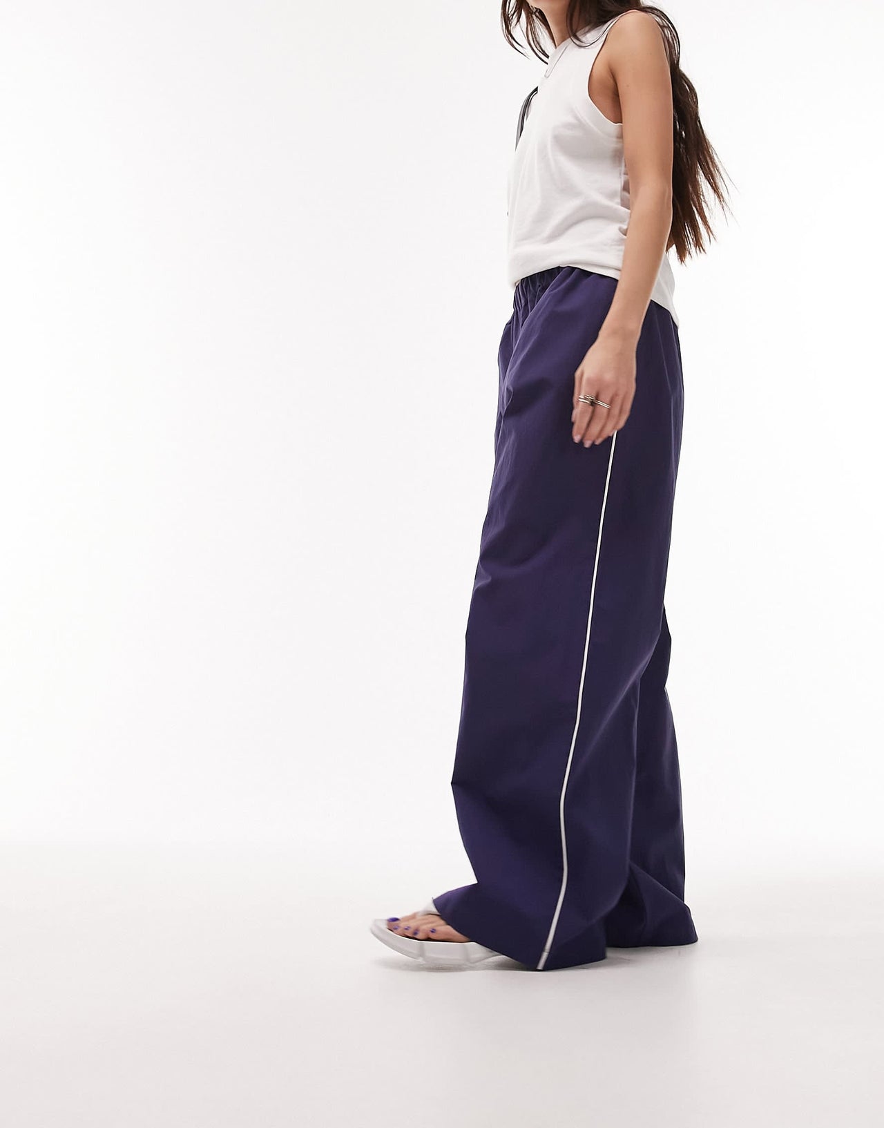 Topshop premium wide leg side pipe track pant in navy