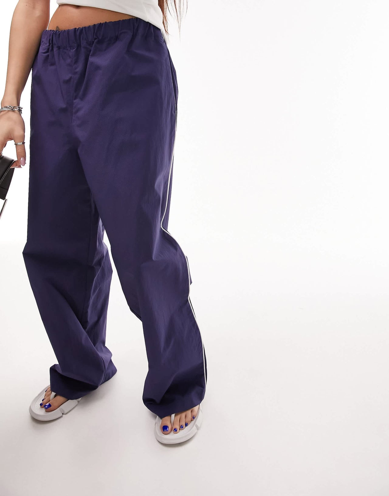 Topshop premium wide leg side pipe track pant in navy