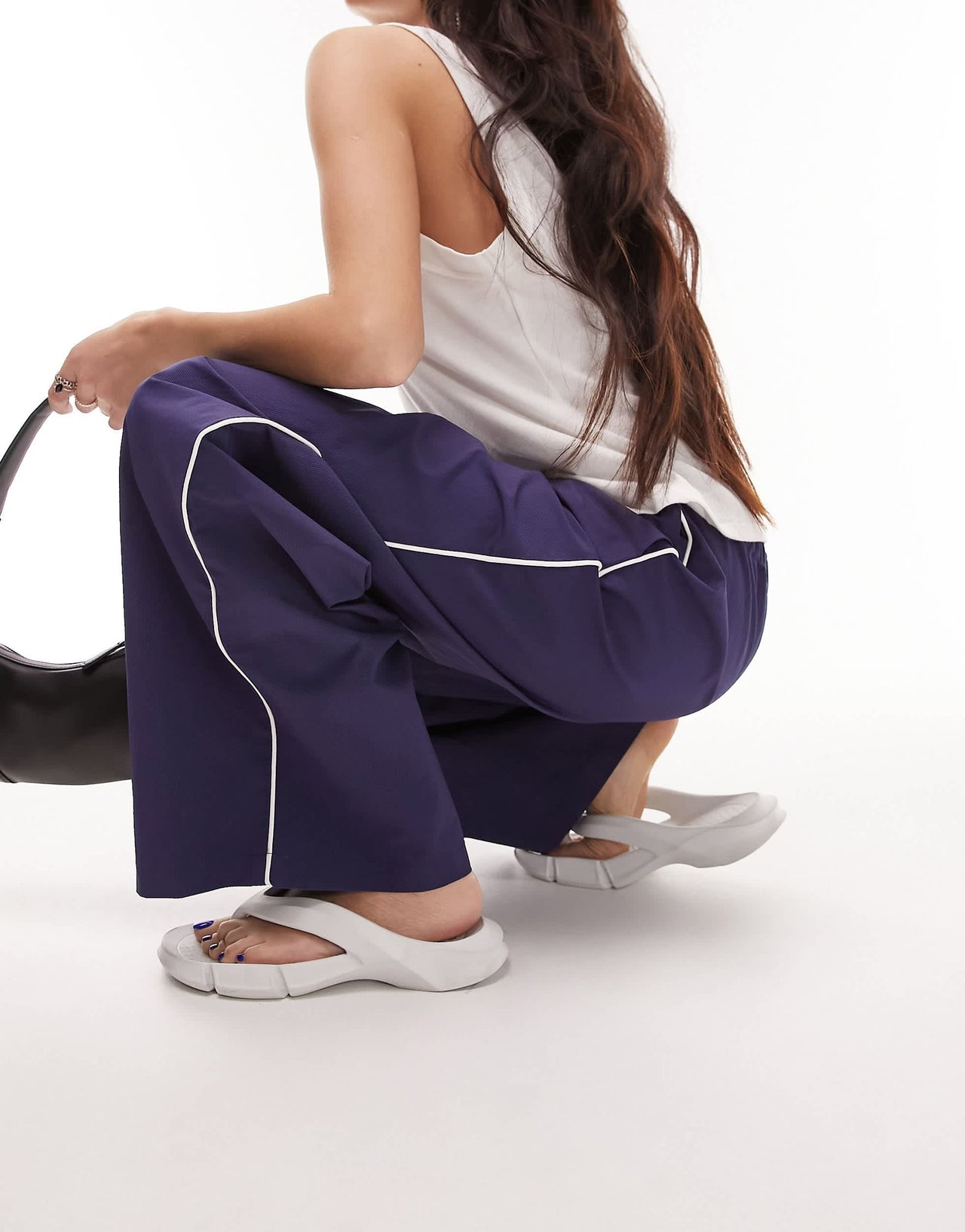 Topshop premium wide leg side pipe track pant in navy