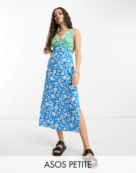 ASOS DESIGN Petite open back slip  midi dress in mixed prints
