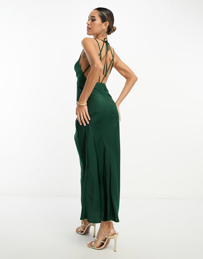 ASOS DESIGN halter cross strap maxi dress in dark green