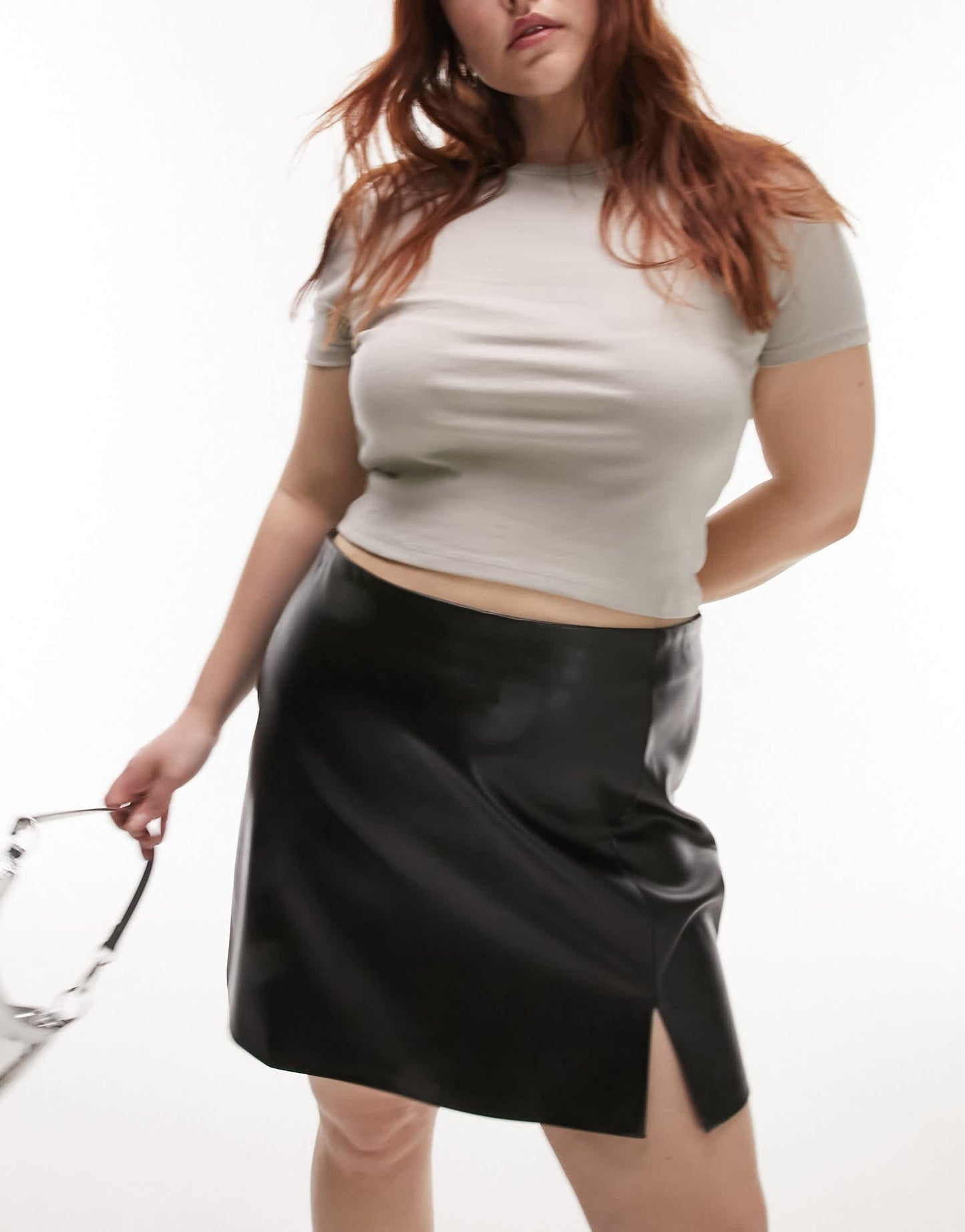 Topshop curve leather look split detail mini skirt in black