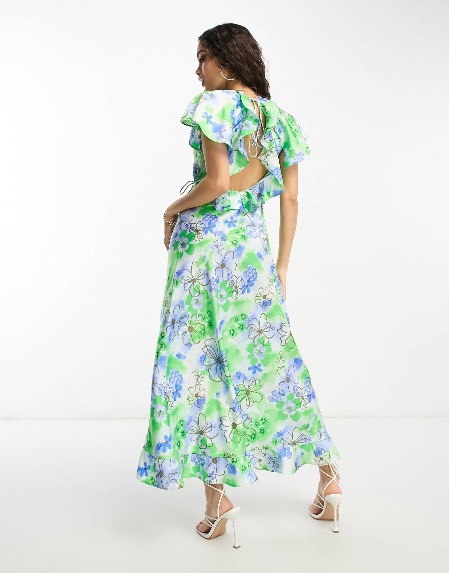 ASOS DESIGN Petite frill detail wrap maxi satin dress in white floral print