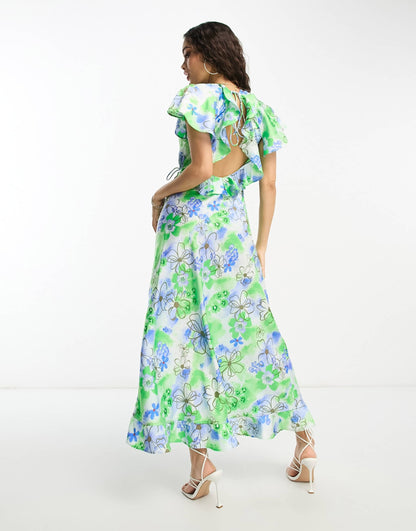 ASOS DESIGN Petite frill detail wrap maxi satin dress in white floral print
