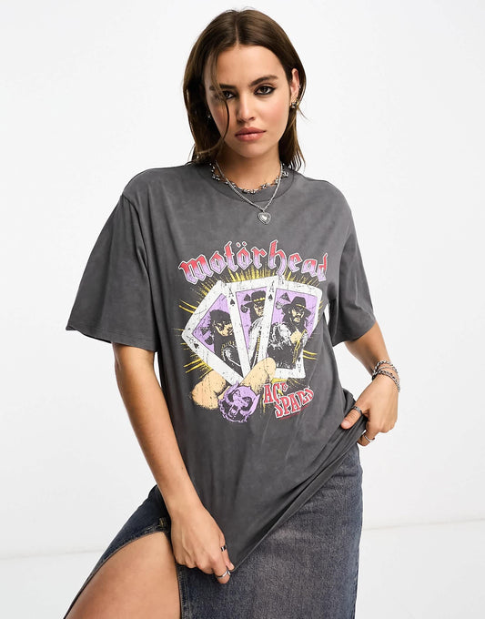 ASOS DESIGN oversized t-shirt with motorhead license graphic in washed charcoal