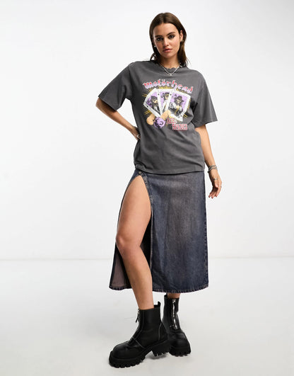 ASOS DESIGN oversized t-shirt with motorhead license graphic in washed charcoal
