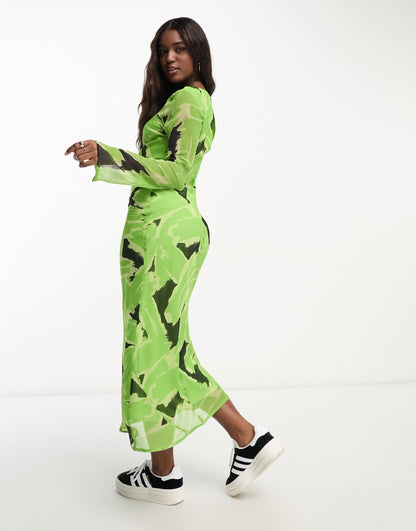 ASOS DESIGN chiffon long sleeve midi dress in green abstract print