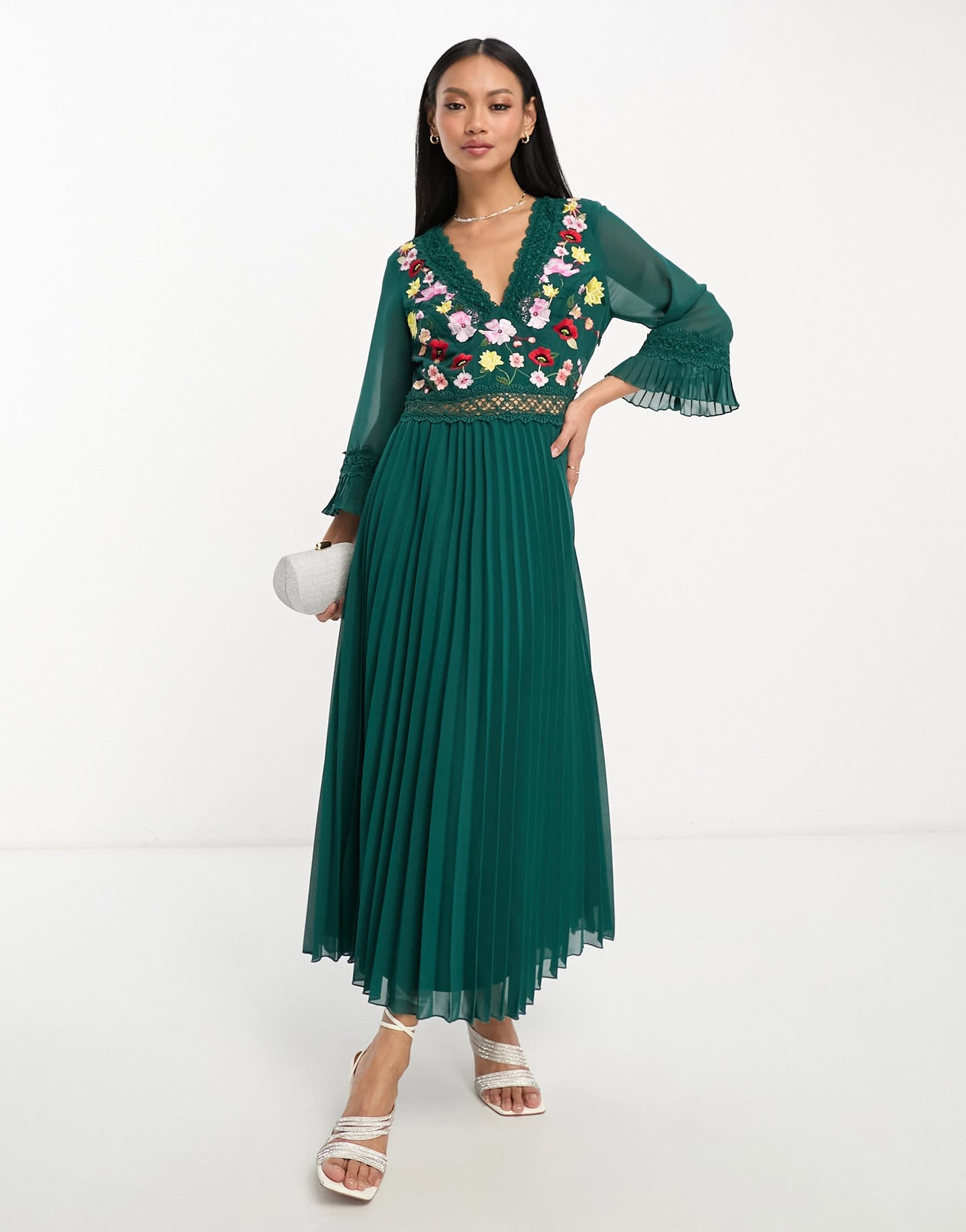 ASOS DESIGN lace insert pleated midi dress with embroidery in forest green