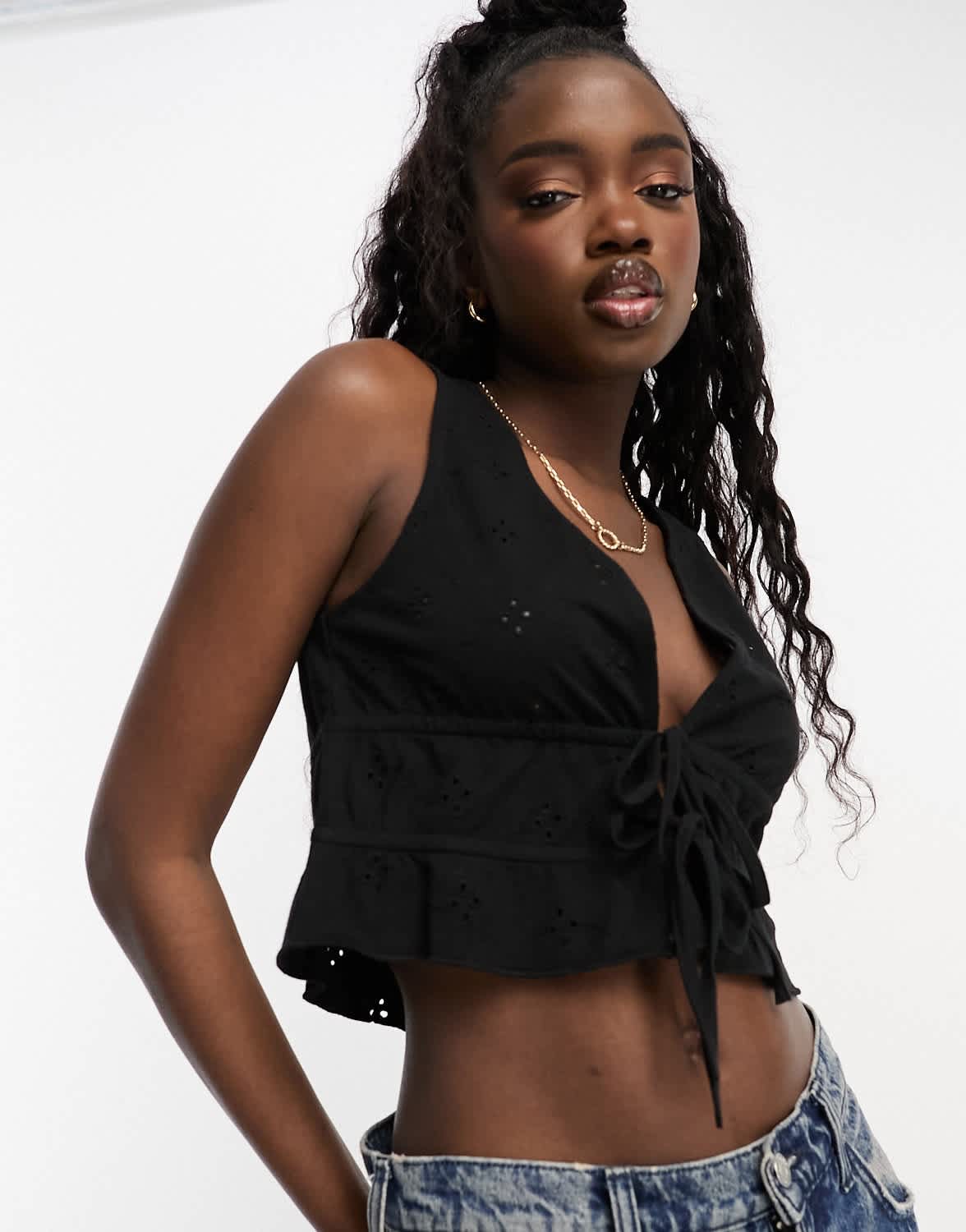 ASOS DESIGN broderie tie front top in black