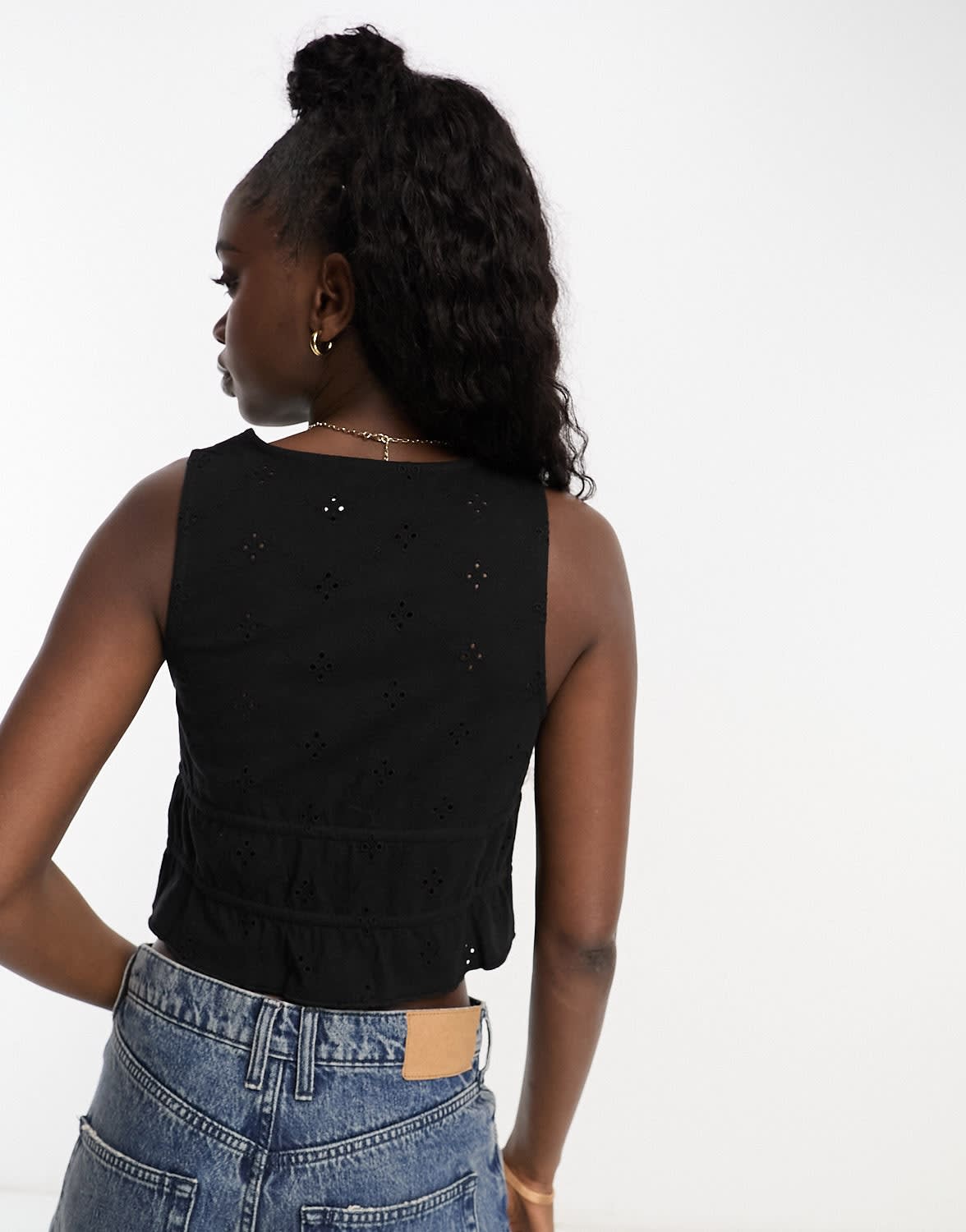 ASOS DESIGN broderie tie front top in black