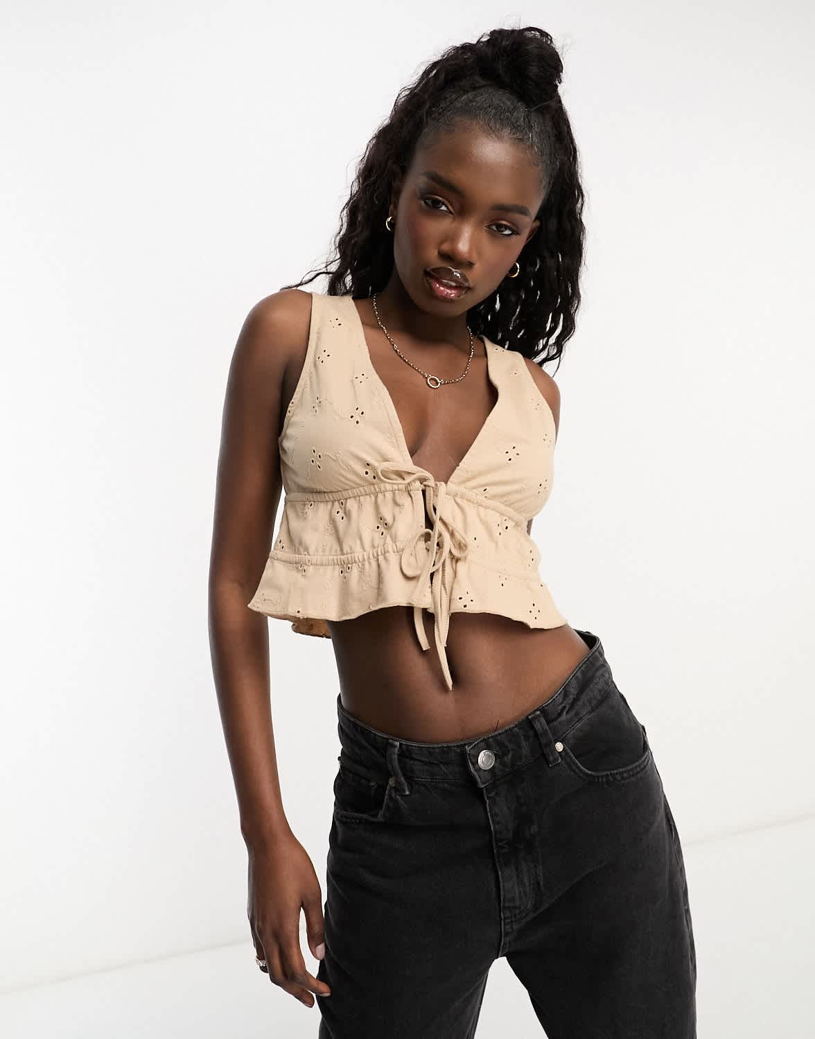 ASOS DESIGN broderie tie front top in stone