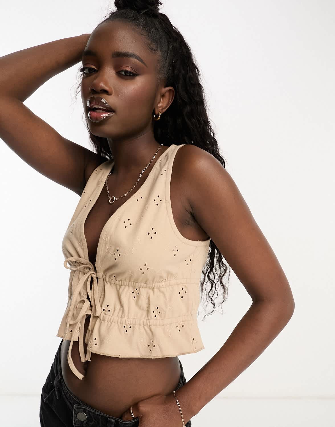 ASOS DESIGN broderie tie front top in stone