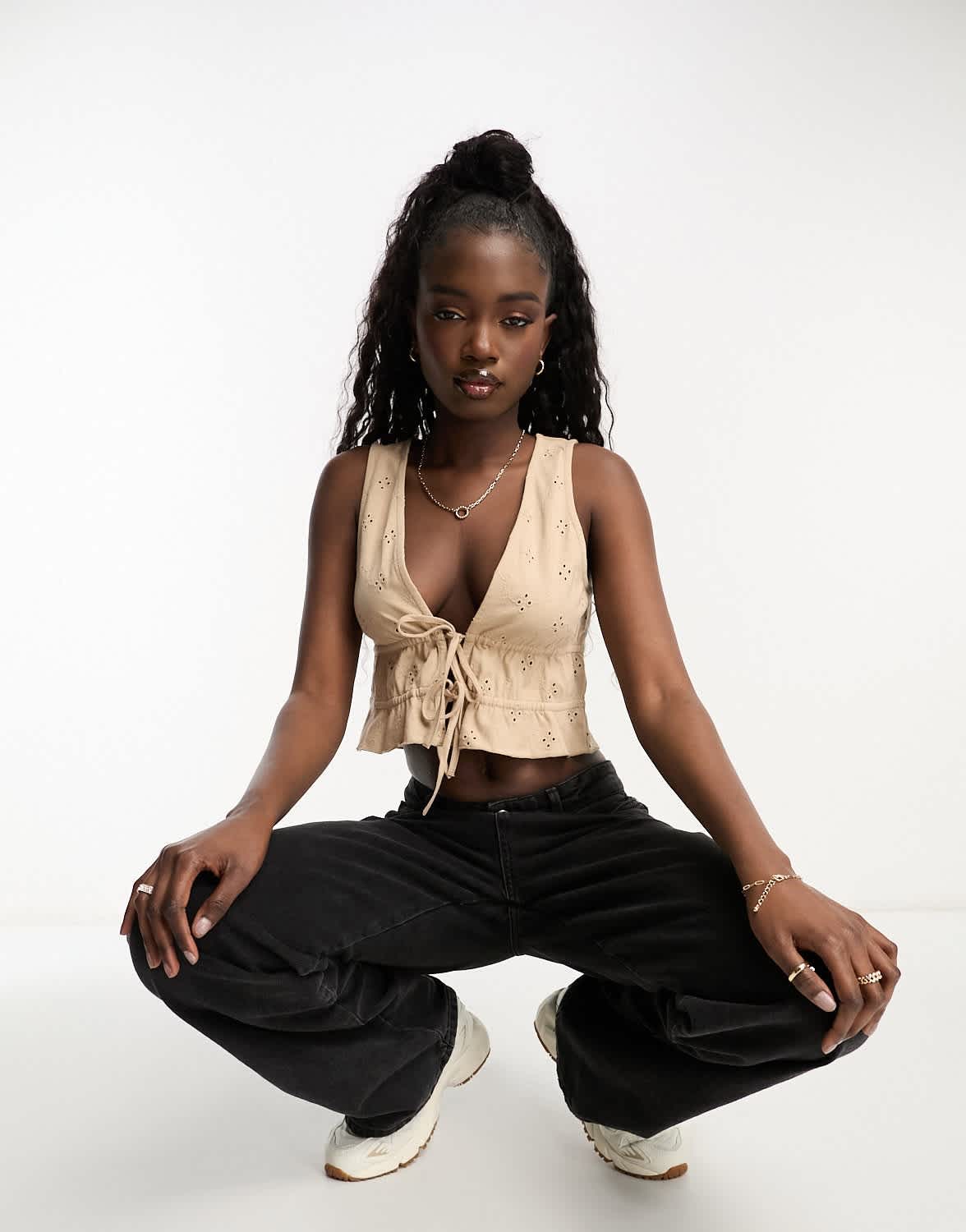 ASOS DESIGN broderie tie front top in stone