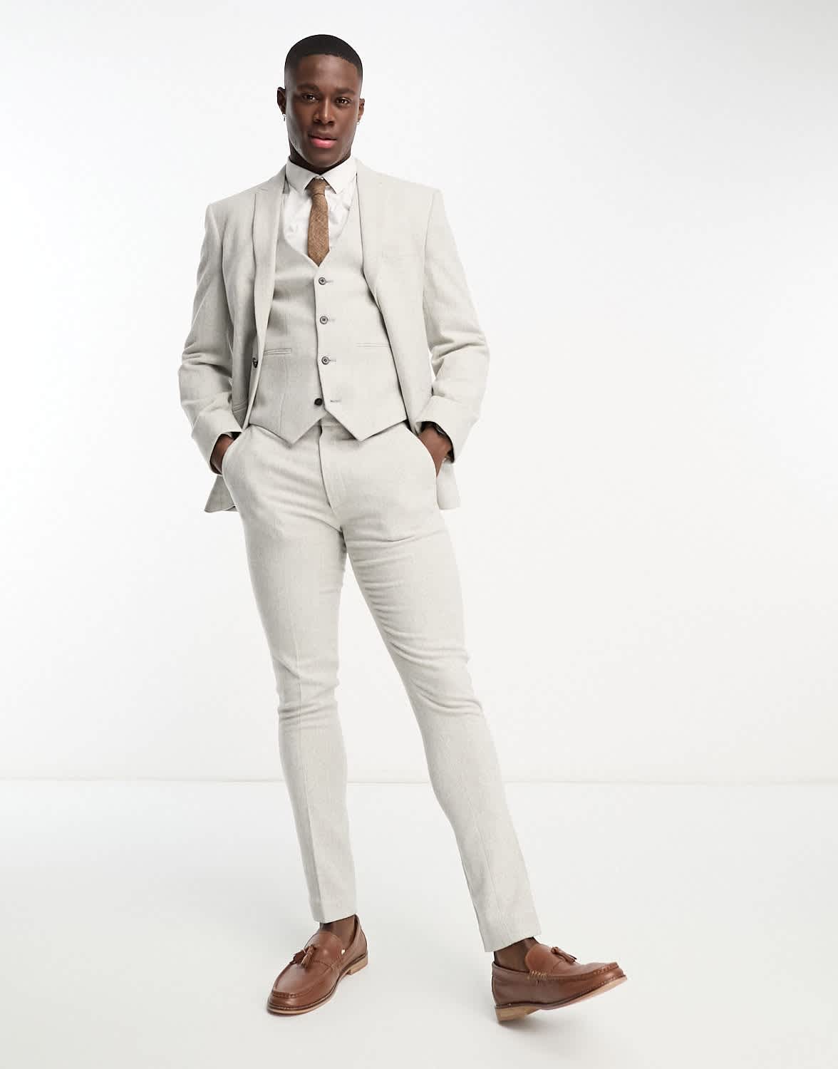 ASOS DESIGN skinny wool mix suit trousers in herringbone in grey