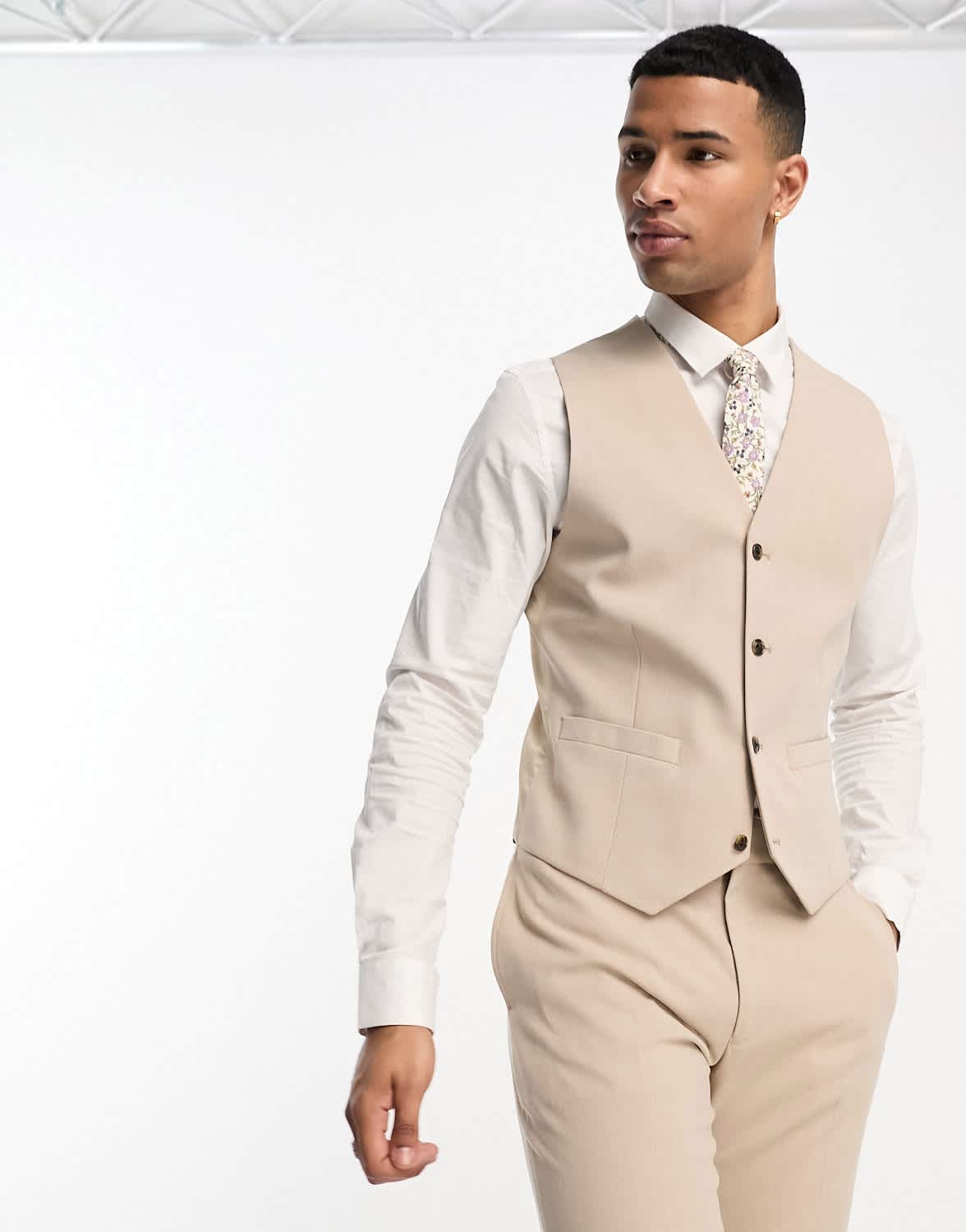 ASOS DESIGN slim suit waistcoat in taupe micro texture