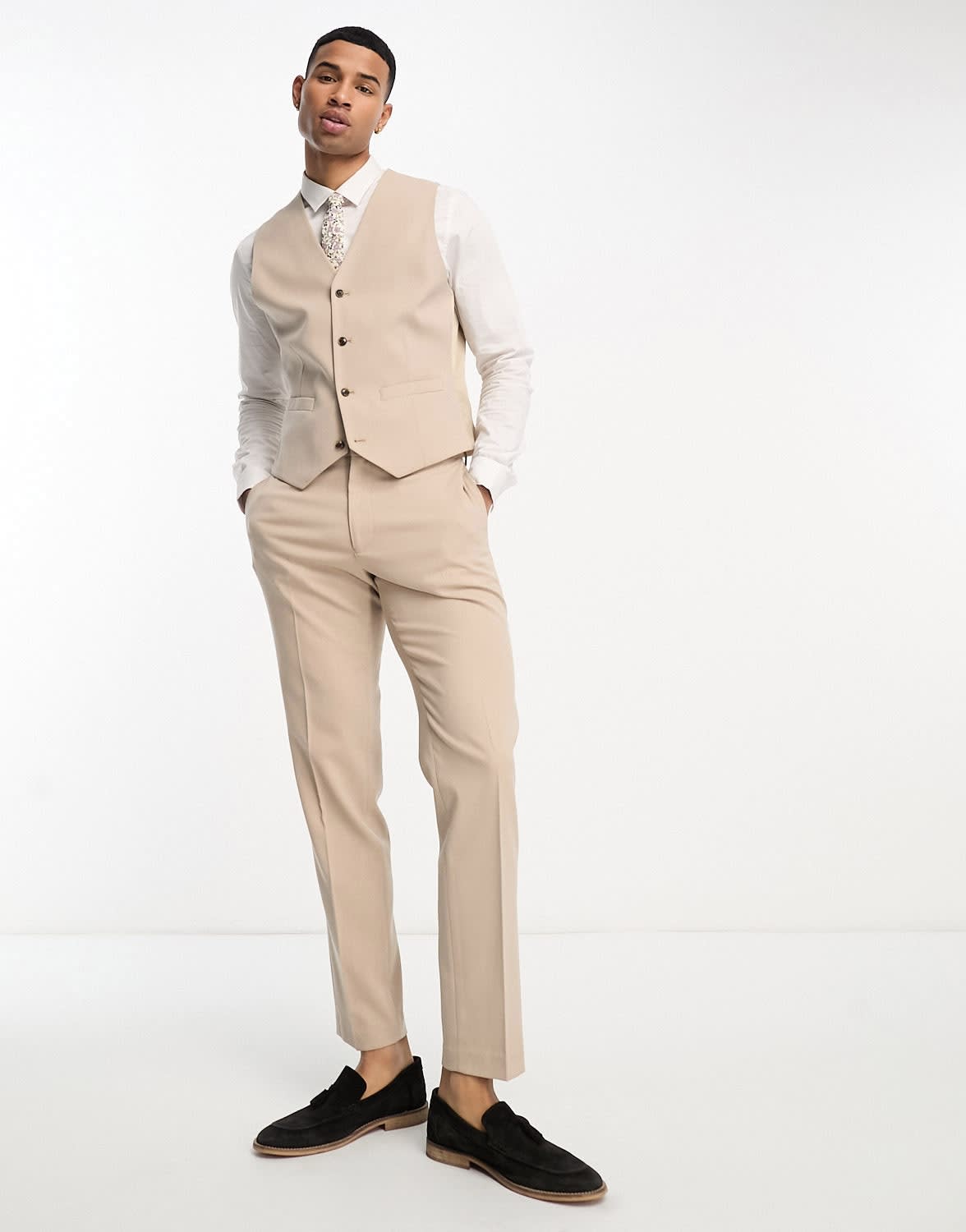 ASOS DESIGN slim suit waistcoat in taupe micro texture