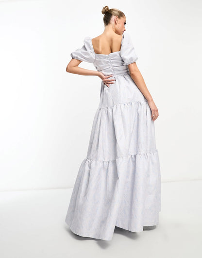 Collective the Label exclusive puff sleeve jacquard maxi dress in blue daisy