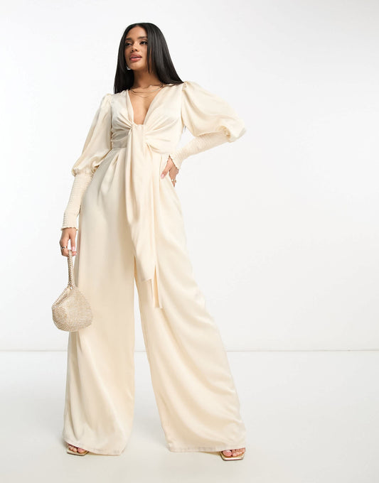Collective the Label exclusive plunge front wide leg jumpsuit in oyster