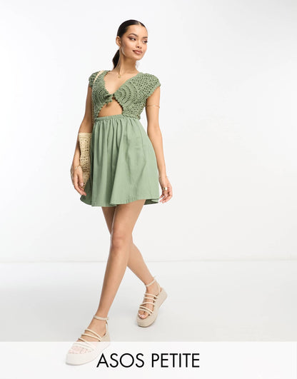 ASOS DESIGN Petite crochet mix mini dress with tie detail in khaki