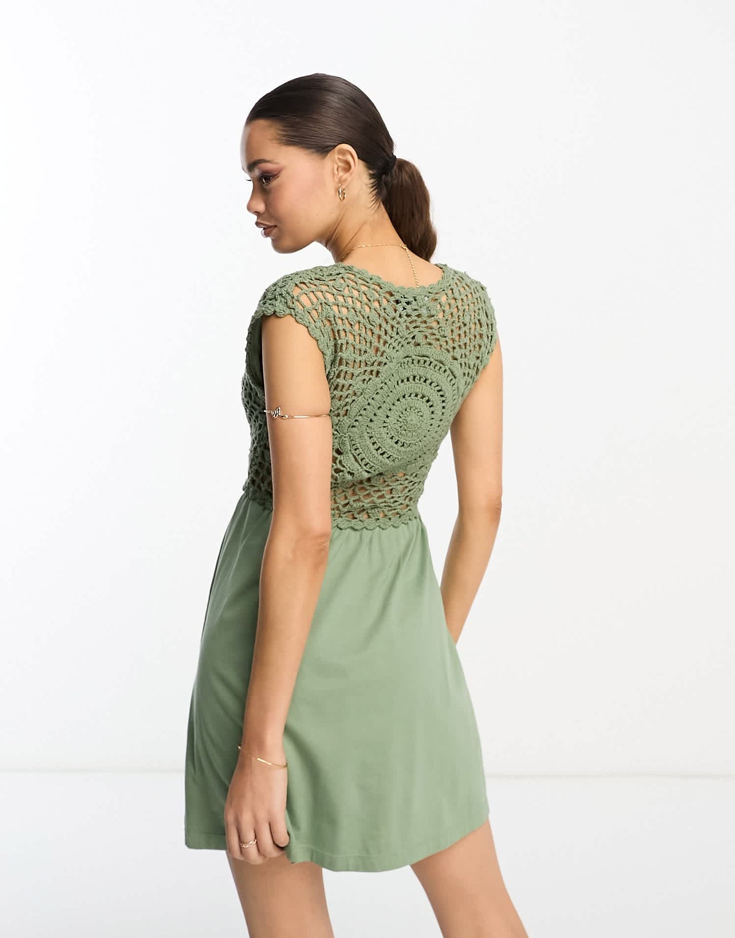 ASOS DESIGN Petite crochet mix mini dress with tie detail in khaki