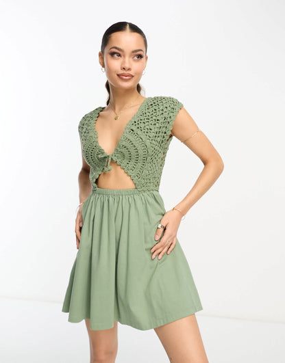 ASOS DESIGN Petite crochet mix mini dress with tie detail in khaki