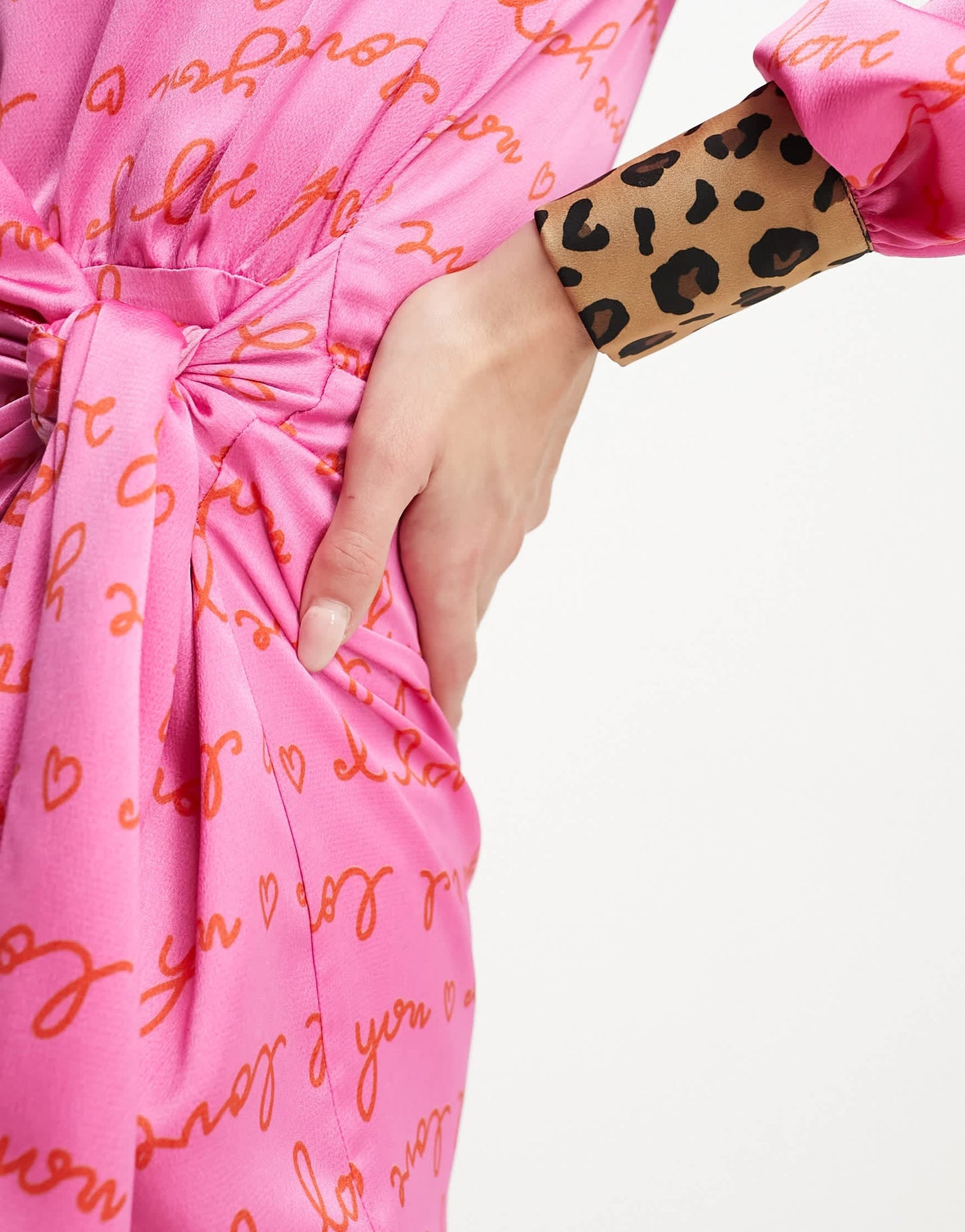 Never Fully Dressed love print wrap mini dress in pink and red