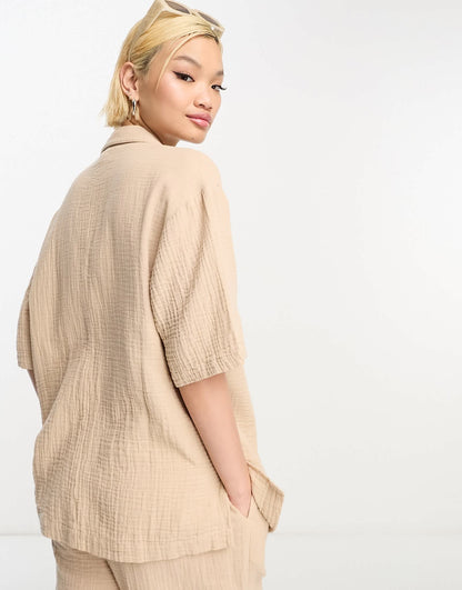 ASOS DESIGN cheesecloth bowling shirt in stone co-ord