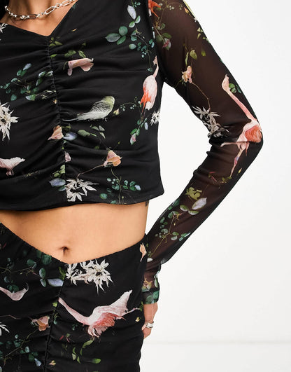 AllSaints Tessa co-ord printed mesh crop top in black