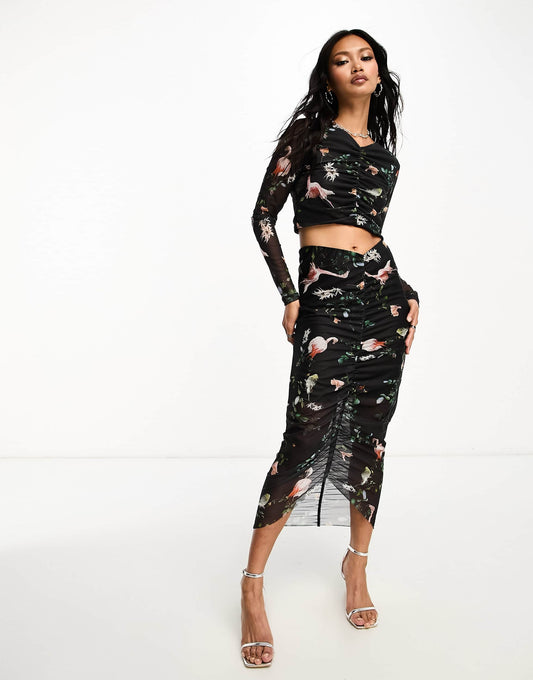 AllSaints Tessa co-ord printed mesh midi skirt in black