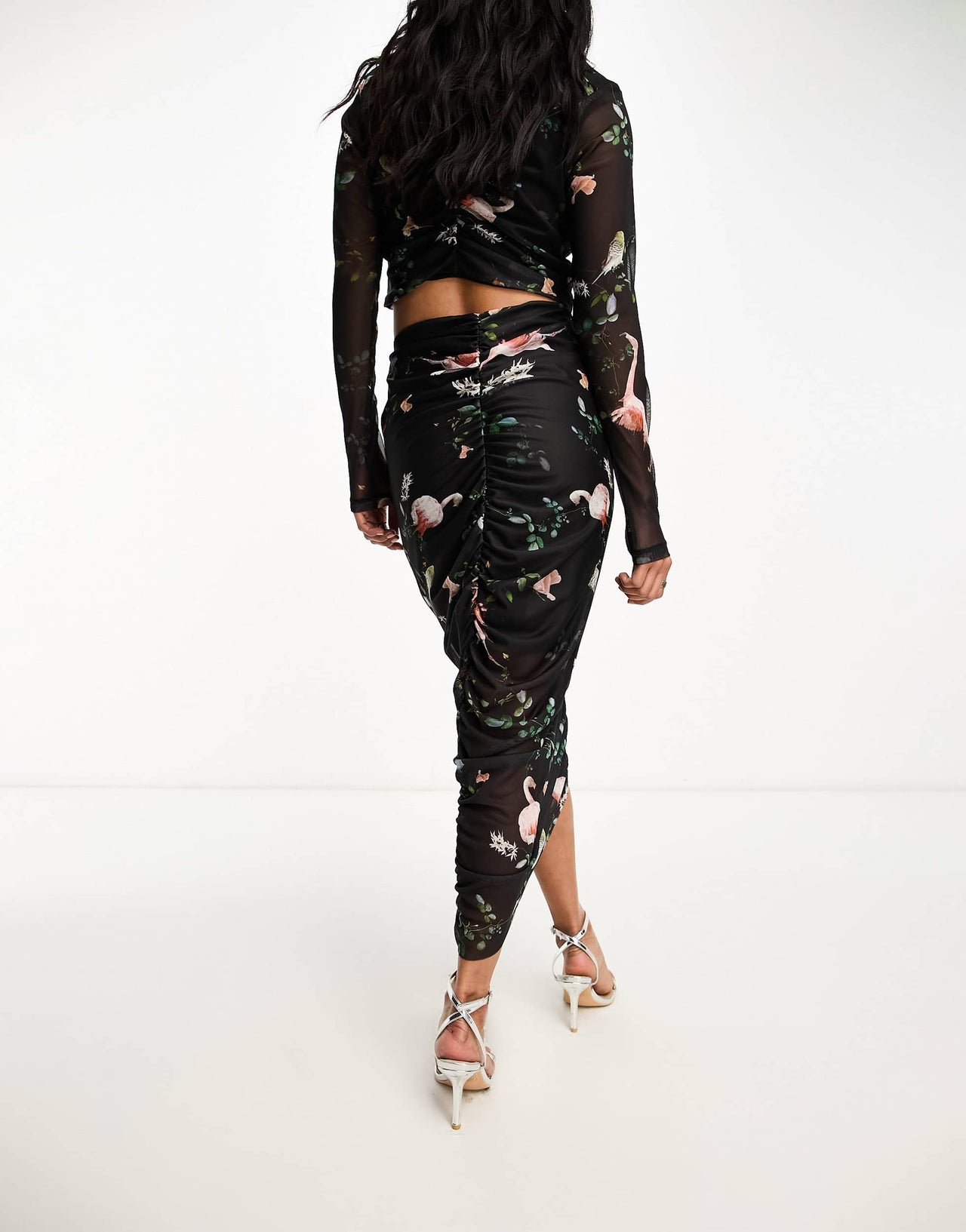 AllSaints Tessa co-ord printed mesh midi skirt in black