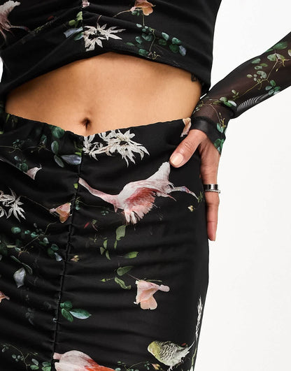 AllSaints Tessa co-ord printed mesh midi skirt in black