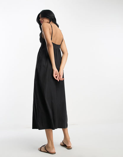 ASOS DESIGN soft denim maxi dress with strap back detail in washed black