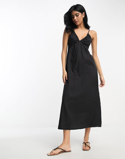 ASOS DESIGN soft denim maxi dress with strap back detail in washed black