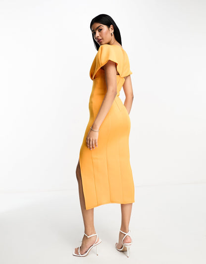 ASOS DESIGN plunge neck dropped shoulder pencil midi dress in marigold orange