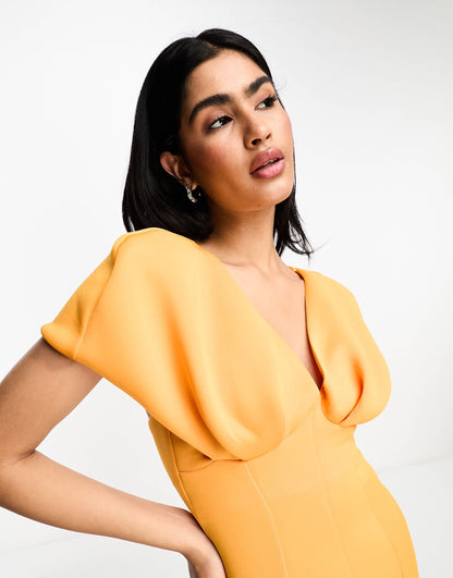 ASOS DESIGN plunge neck dropped shoulder pencil midi dress in marigold orange