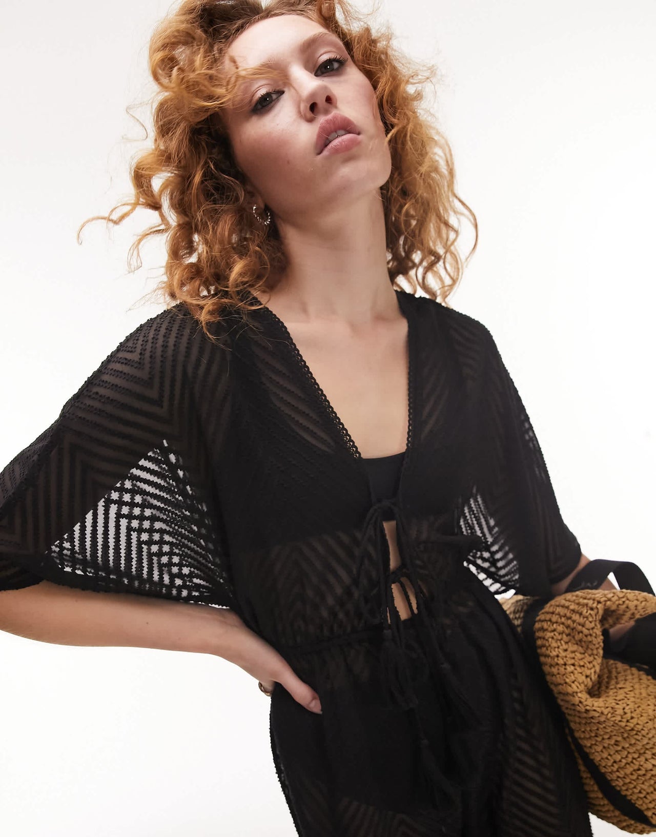 Topshop sheer chevron beach jumpsuit in black