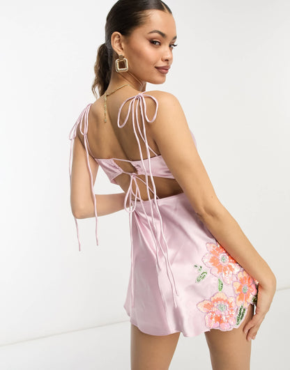 ASOS DESIGN Petite embellished floral applique satin mini dress in lilac