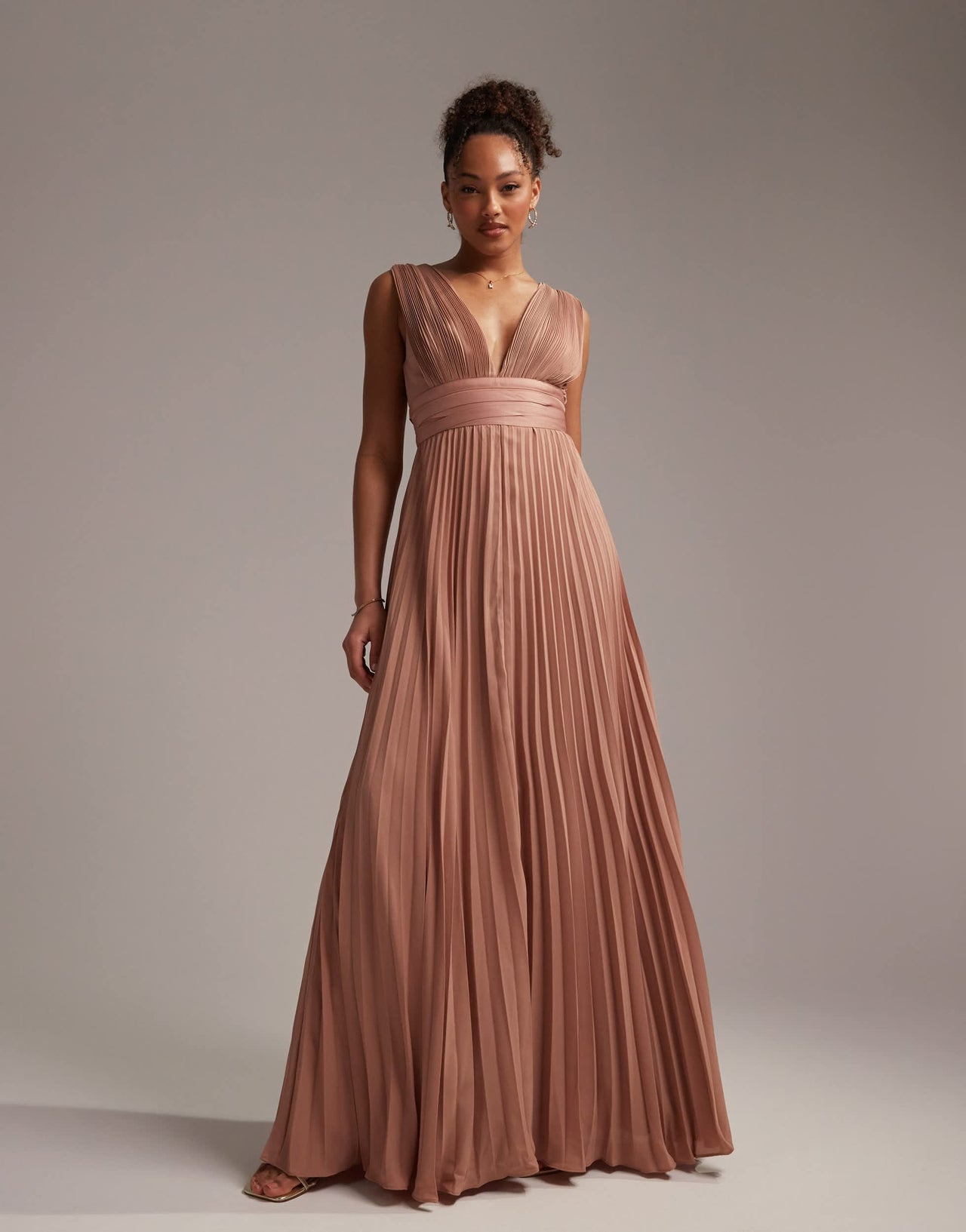 ASOS DESIGN Bridesmaid pleated cami maxi dress with satin wrap waist in mocha