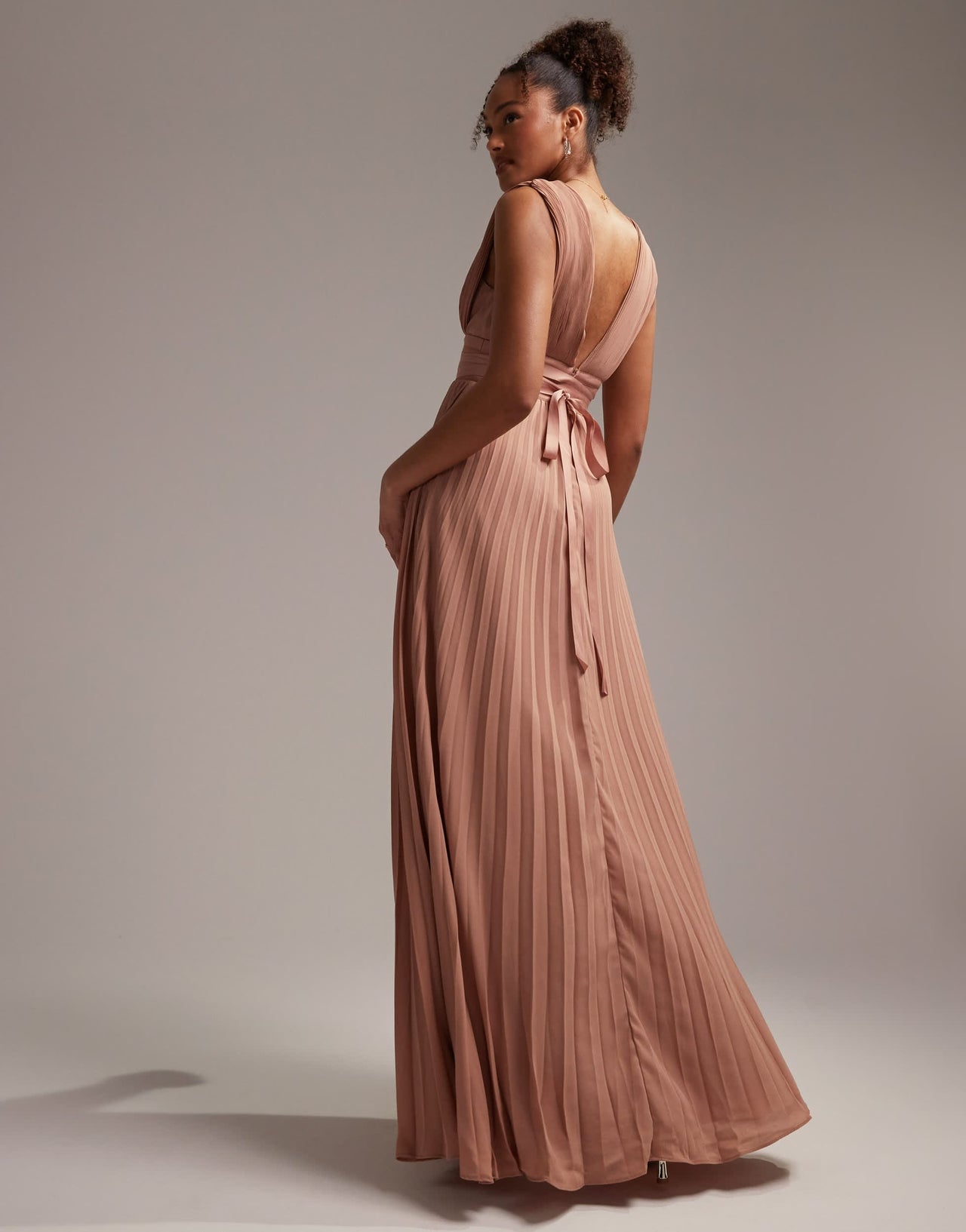 ASOS DESIGN Bridesmaid pleated cami maxi dress with satin wrap waist in mocha
