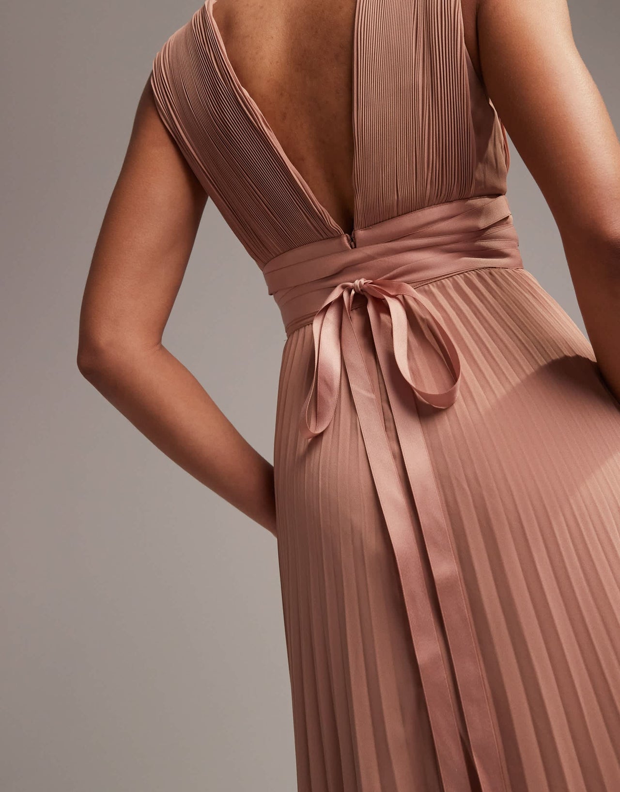ASOS DESIGN Bridesmaid pleated cami maxi dress with satin wrap waist in mocha
