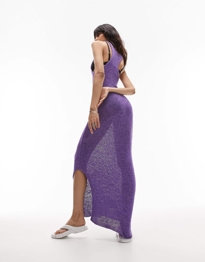 Topshop knitted tape yarn dress in purple