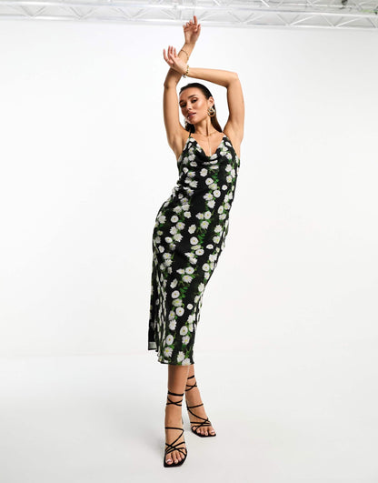 ASOS DESIGN chiffon cowl neck midi slip dress in blurred floral print
