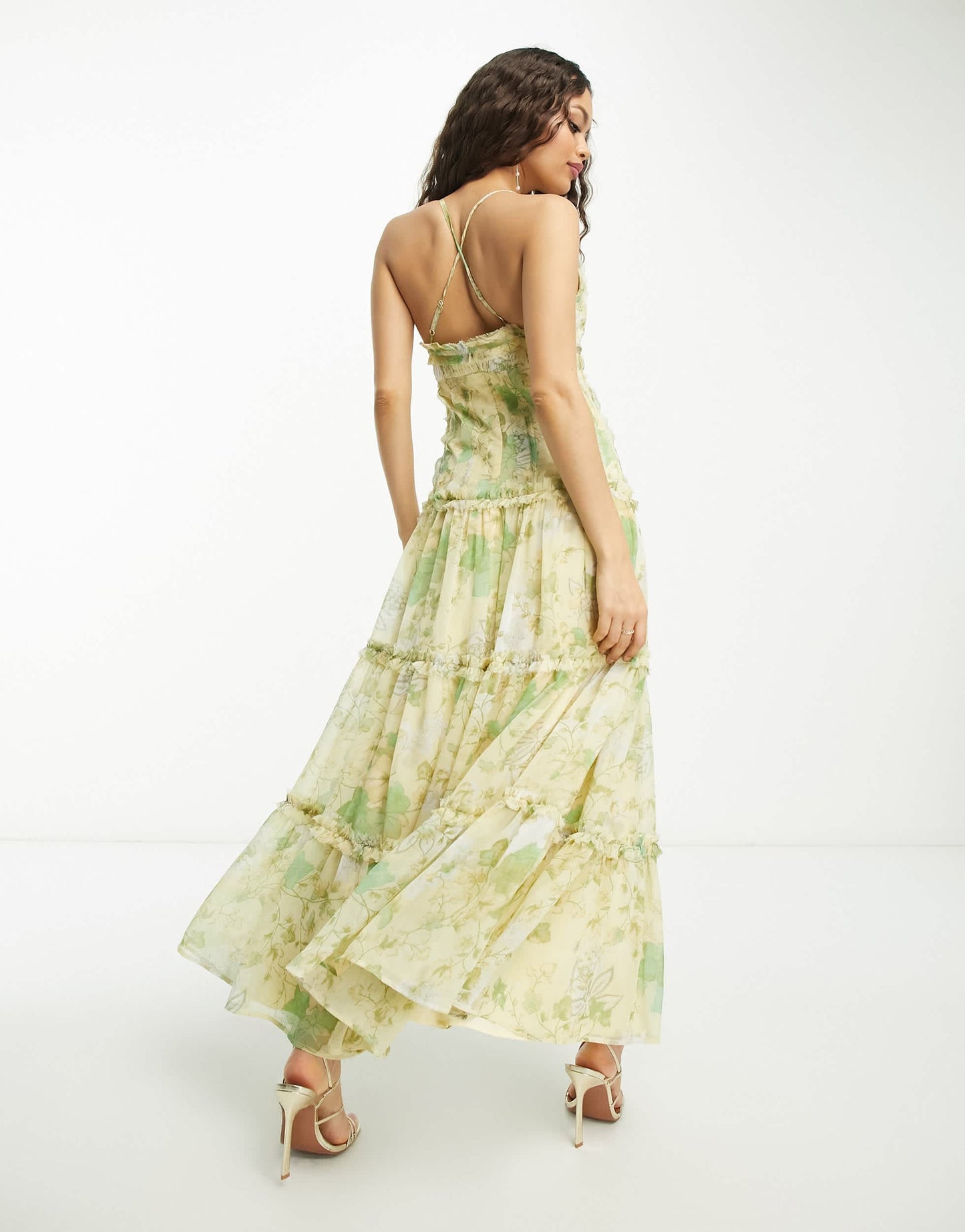 ASOS DESIGN Petite knot front cut out maxi slip dress with raw edge tiers in yellow floral print